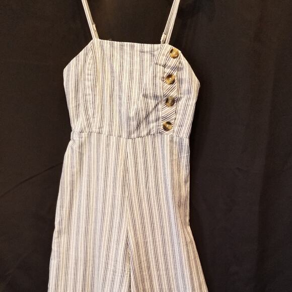 Japna White & Blue Stripe Cotton High Rise Crop Leg Jumpsuit Juniors Size XS - Picture 8 of 11